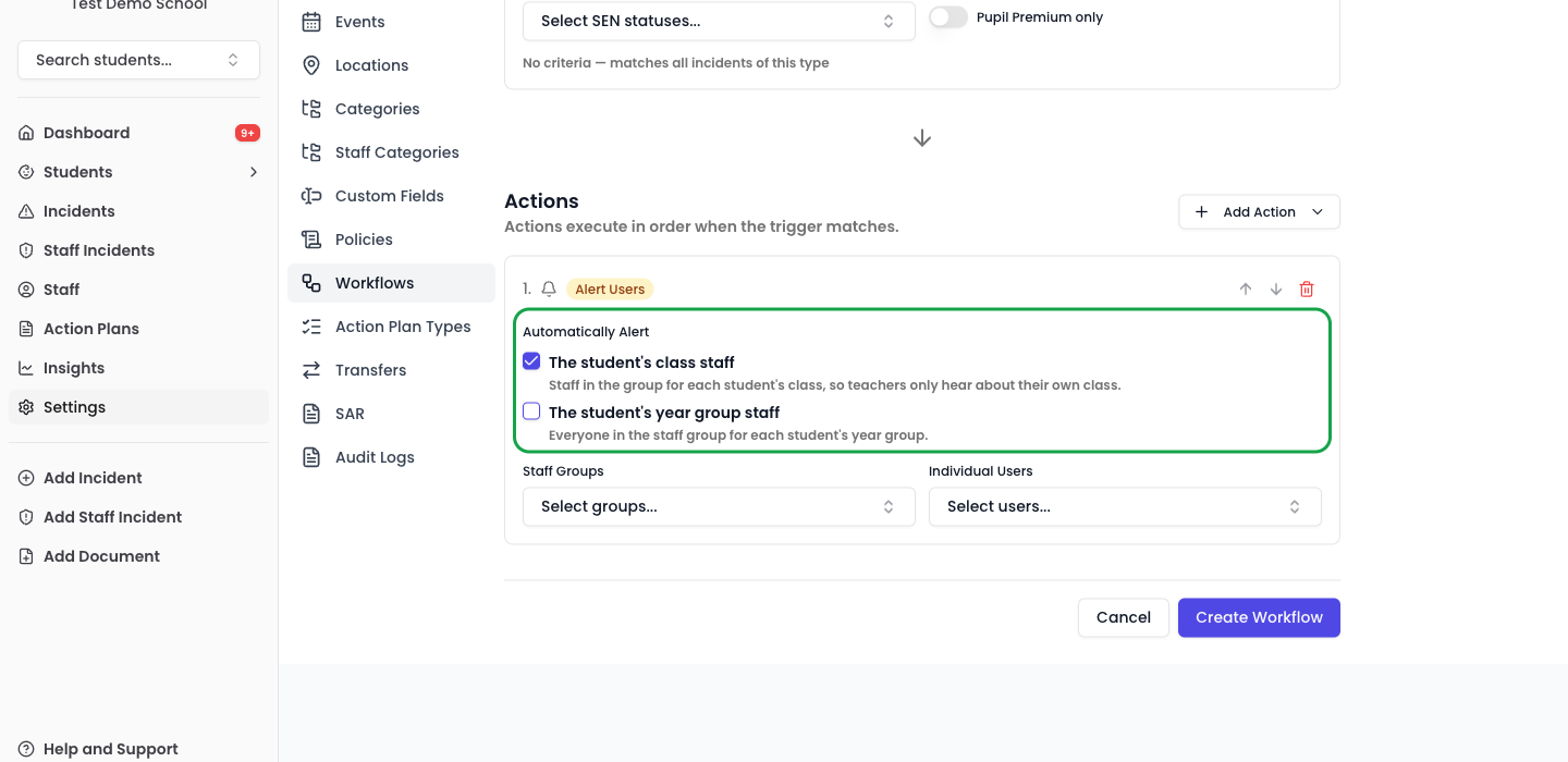 The Alert Users action on a workflow, with the class and year group tick boxes highlighted