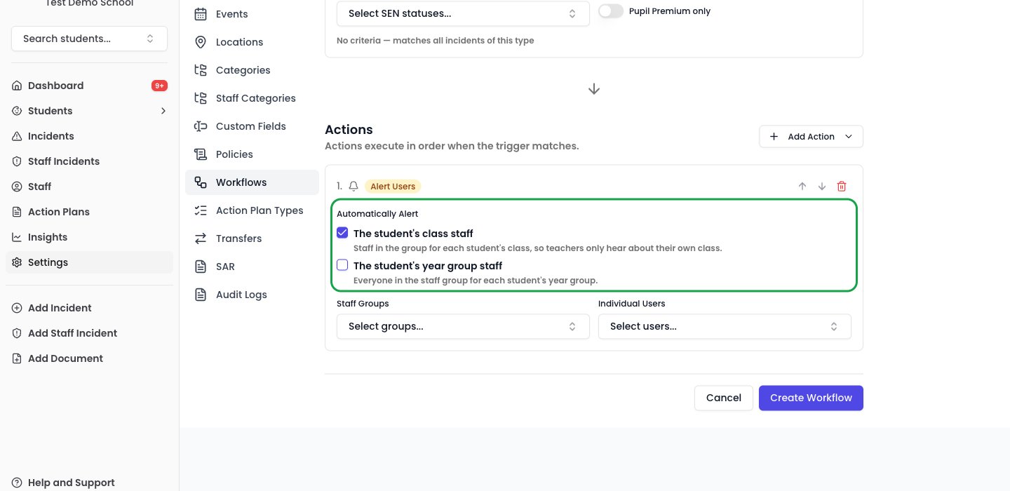 The Alert Users action on a workflow, with the class and year group tick boxes highlighted