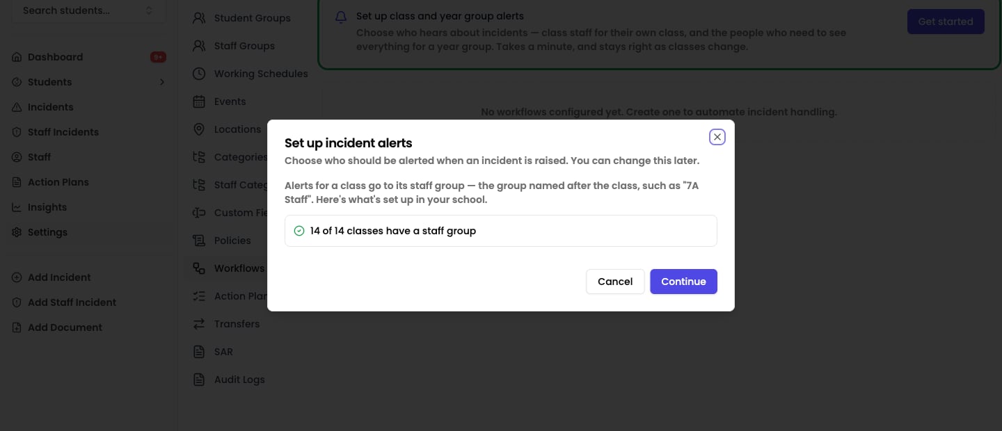 The wizard's first step confirming that all classes have a staff group