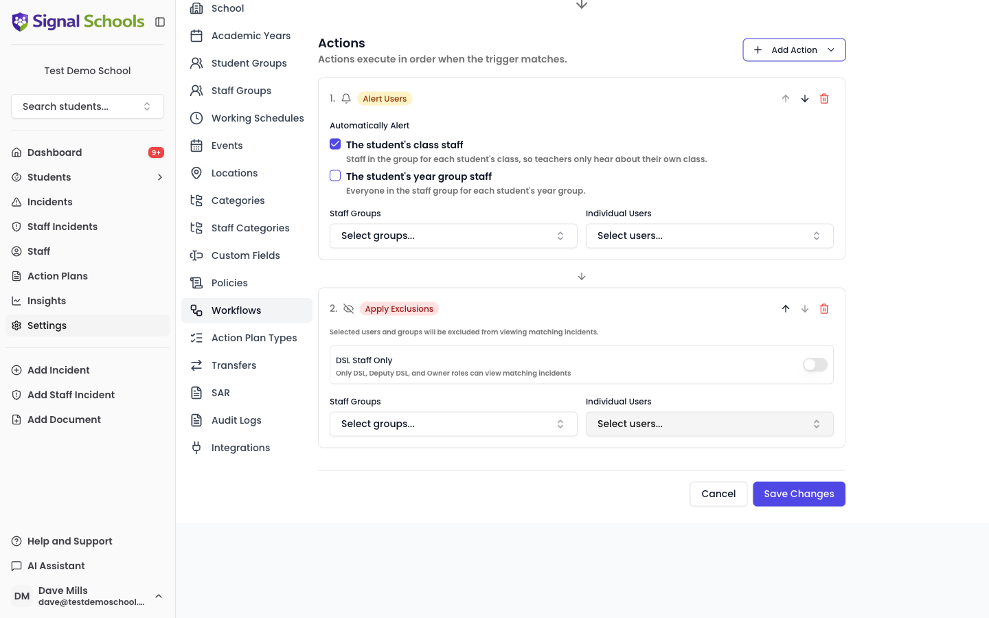 The Apply Exclusions action on a workflow, showing the DSL Staff Only toggle and the Staff Groups and Individual Users selectors