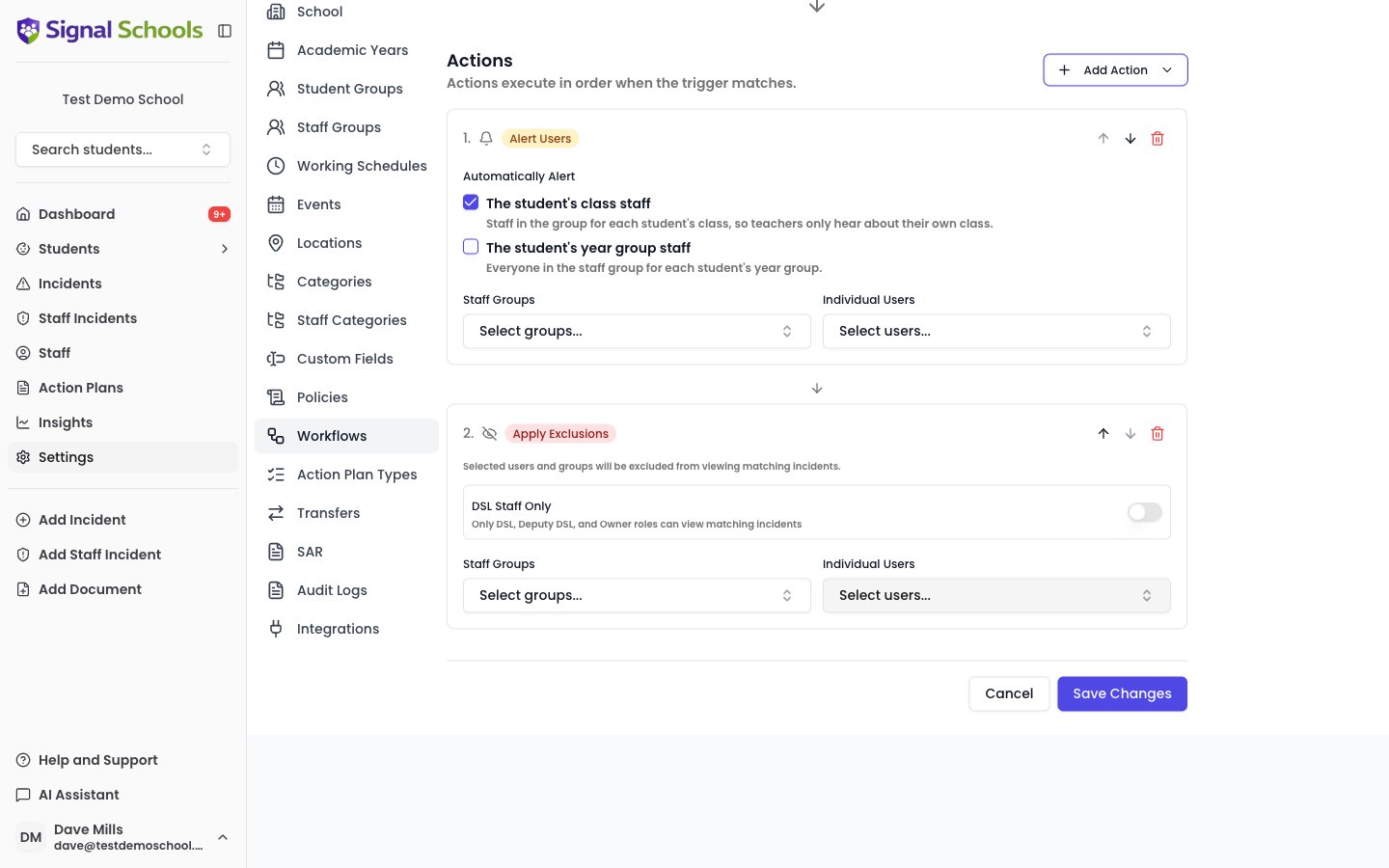 The Apply Exclusions action on a workflow, showing the DSL Staff Only toggle and the Staff Groups and Individual Users selectors
