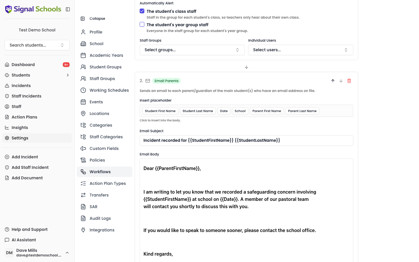 The Email Parents action on a workflow, showing the placeholder buttons, Email Subject, and a completed Email Body template