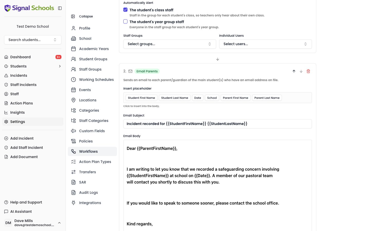 The Email Parents action on a workflow, showing the placeholder buttons, Email Subject, and a completed Email Body template