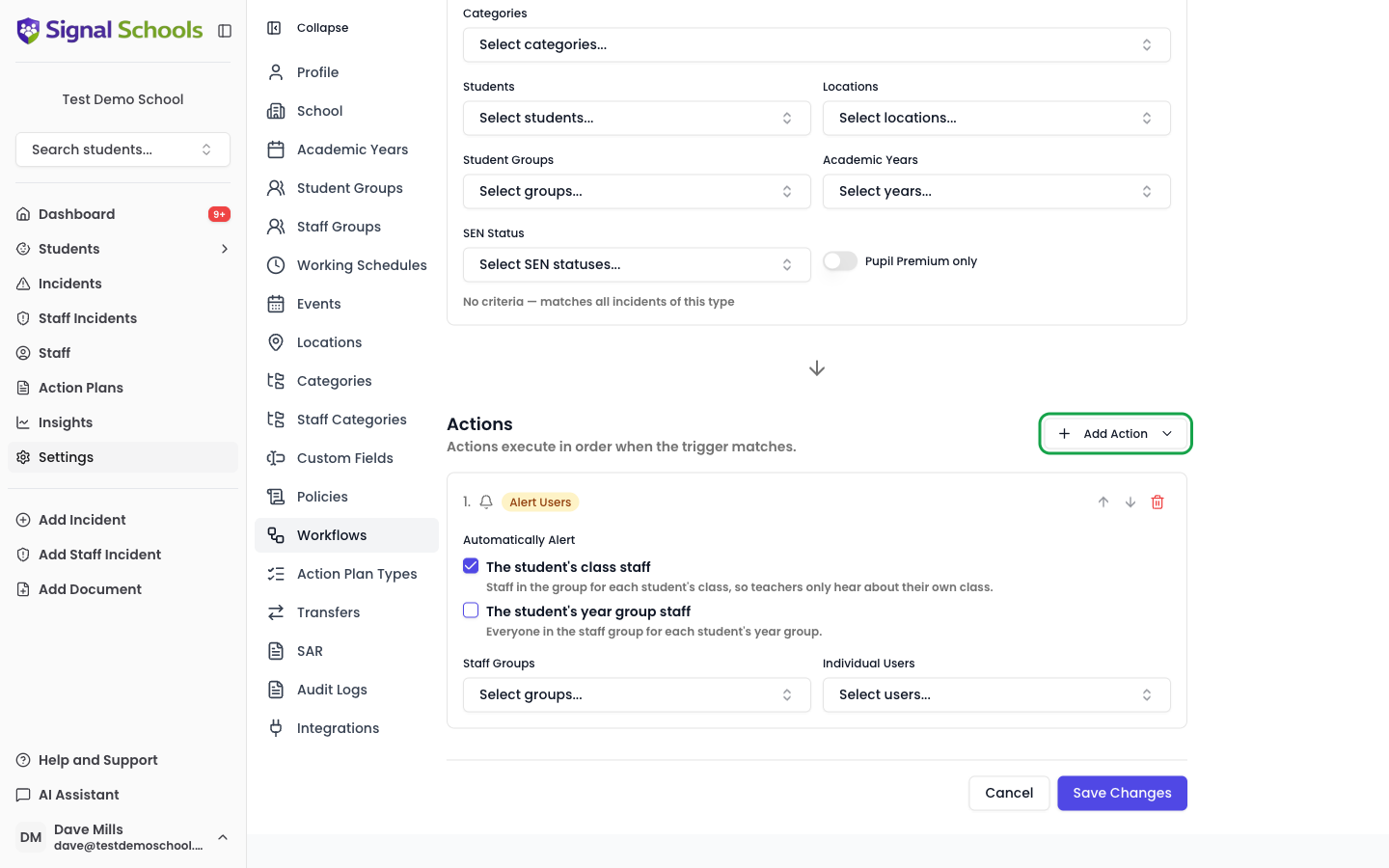 A workflow being edited, showing the trigger criteria at the top and an Alert Users action below, with the Add Action button highlighted