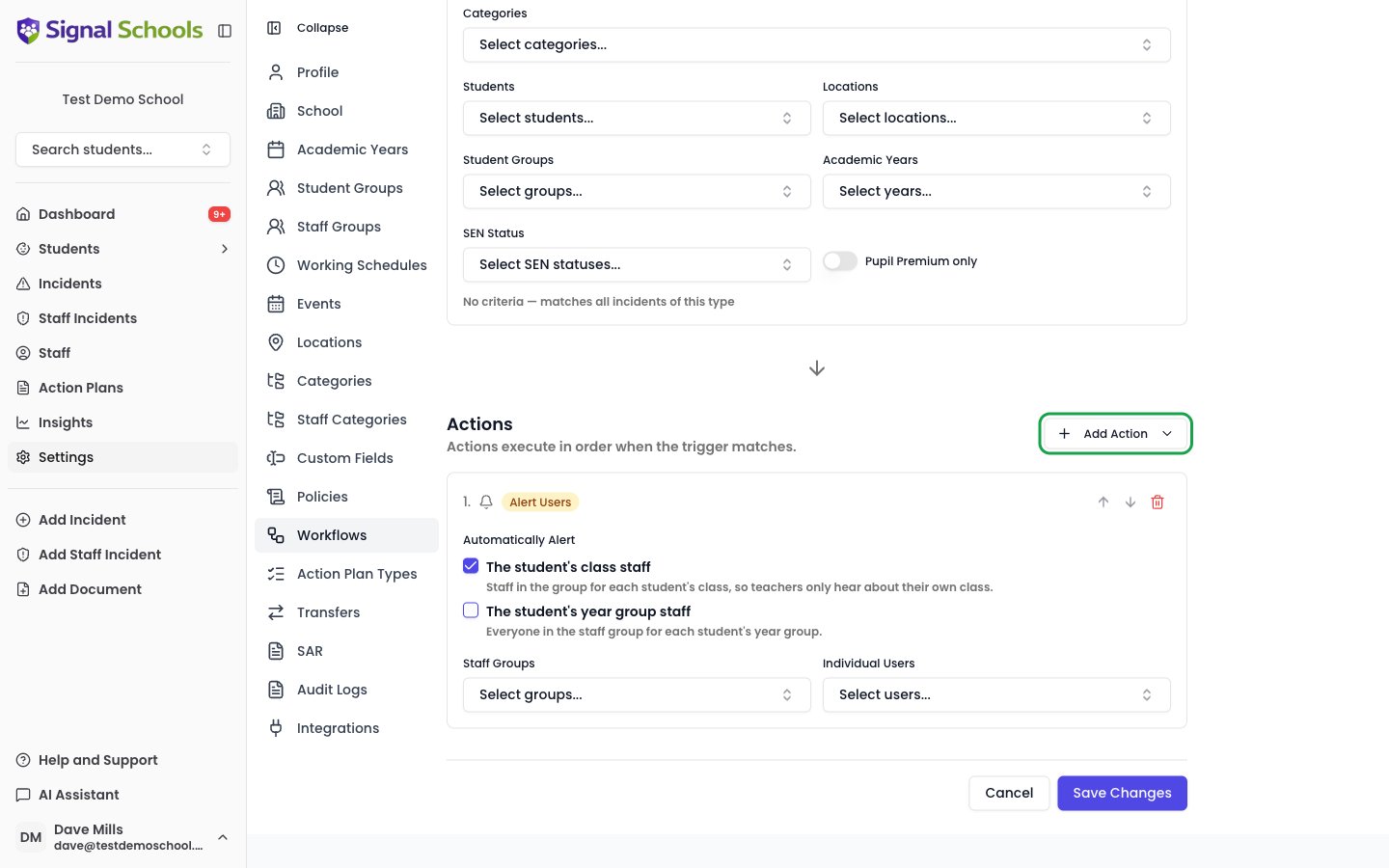 A workflow being edited, showing the trigger criteria at the top and an Alert Users action below, with the Add Action button highlighted