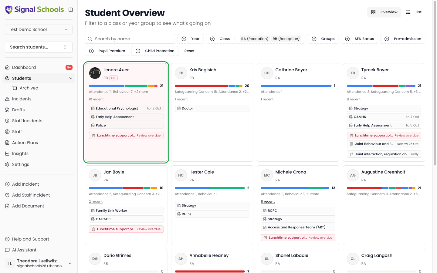 The student overview showing a grid of student cards with category strips, open events and reminders