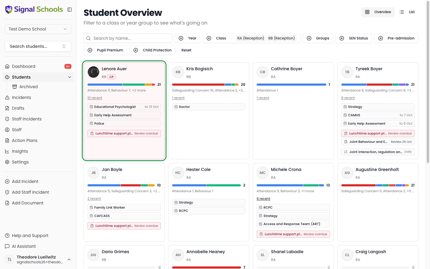 The student overview showing a grid of student cards with category strips, open events and reminders