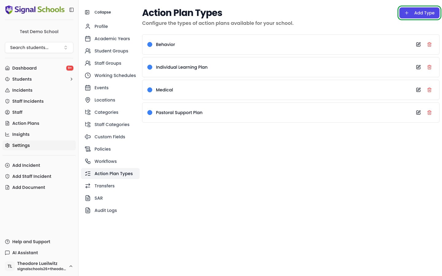 Action Plan Types settings page listing Behavior, Individual Learning Plan, Medical, and Pastoral Support Plan