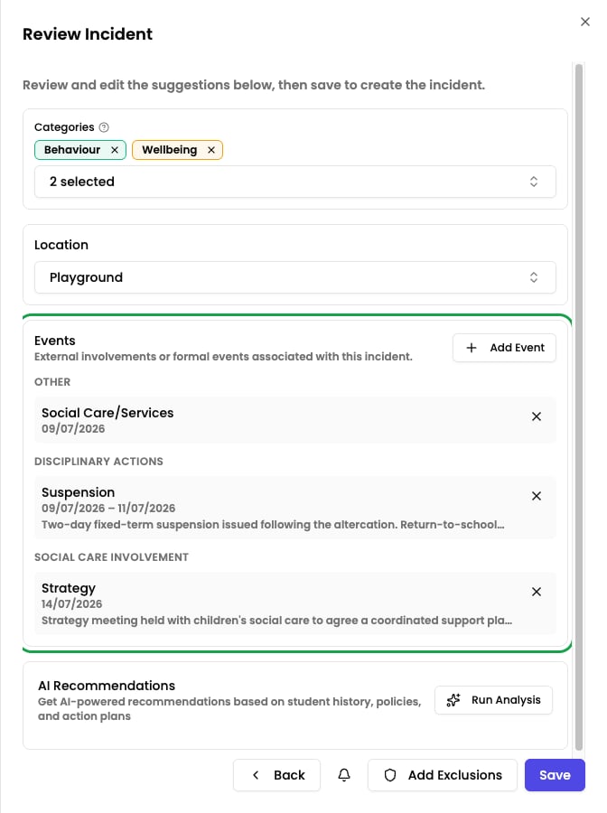 Review step of the incident form with the Events section showing a suspension and follow-up meeting