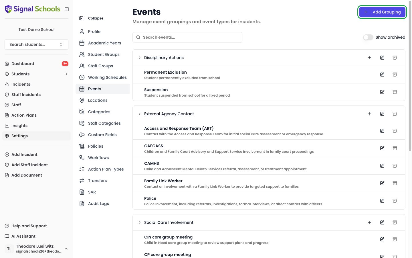 Event settings page listing event types under their groupings, with Add Grouping and per-row actions