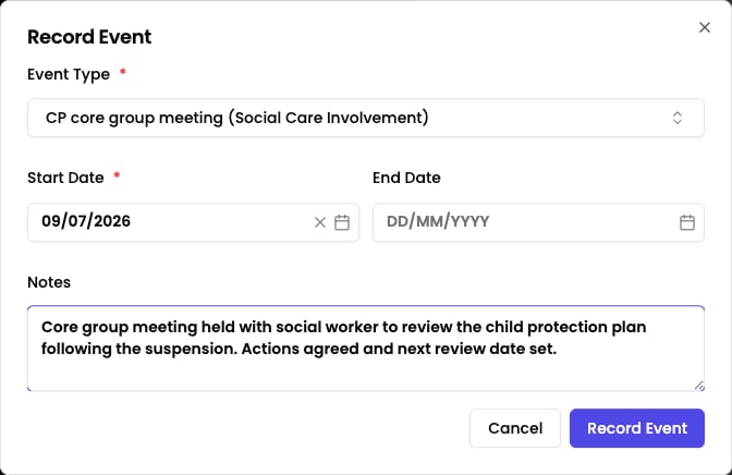 Record Event dialog showing the event type, start date, end date, and notes fields