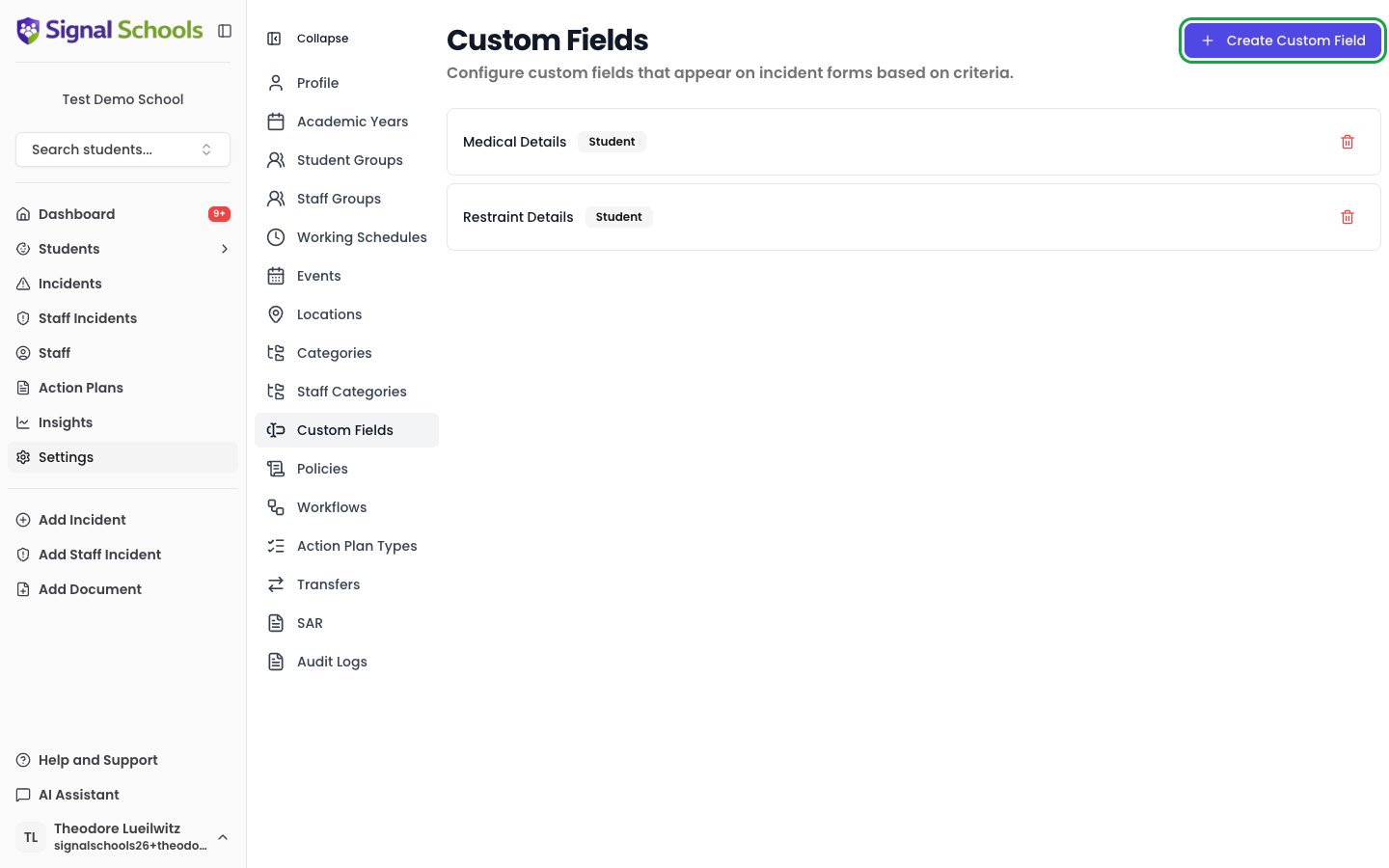 Settings Custom Fields page listing configurations with the Create Custom Field button