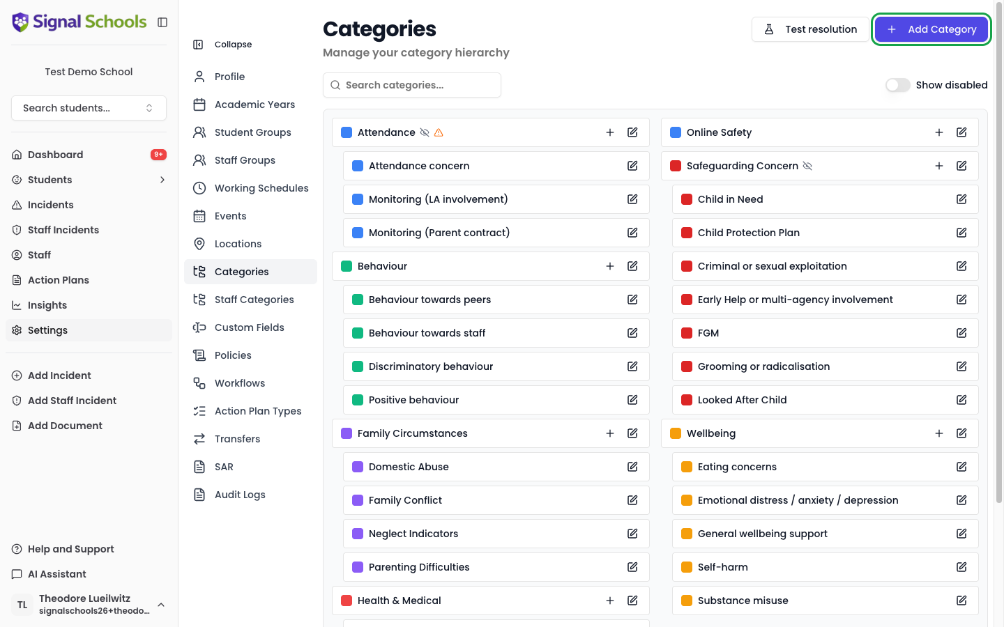 Settings Categories page showing the colour-coded category hierarchy with the Add Category button
