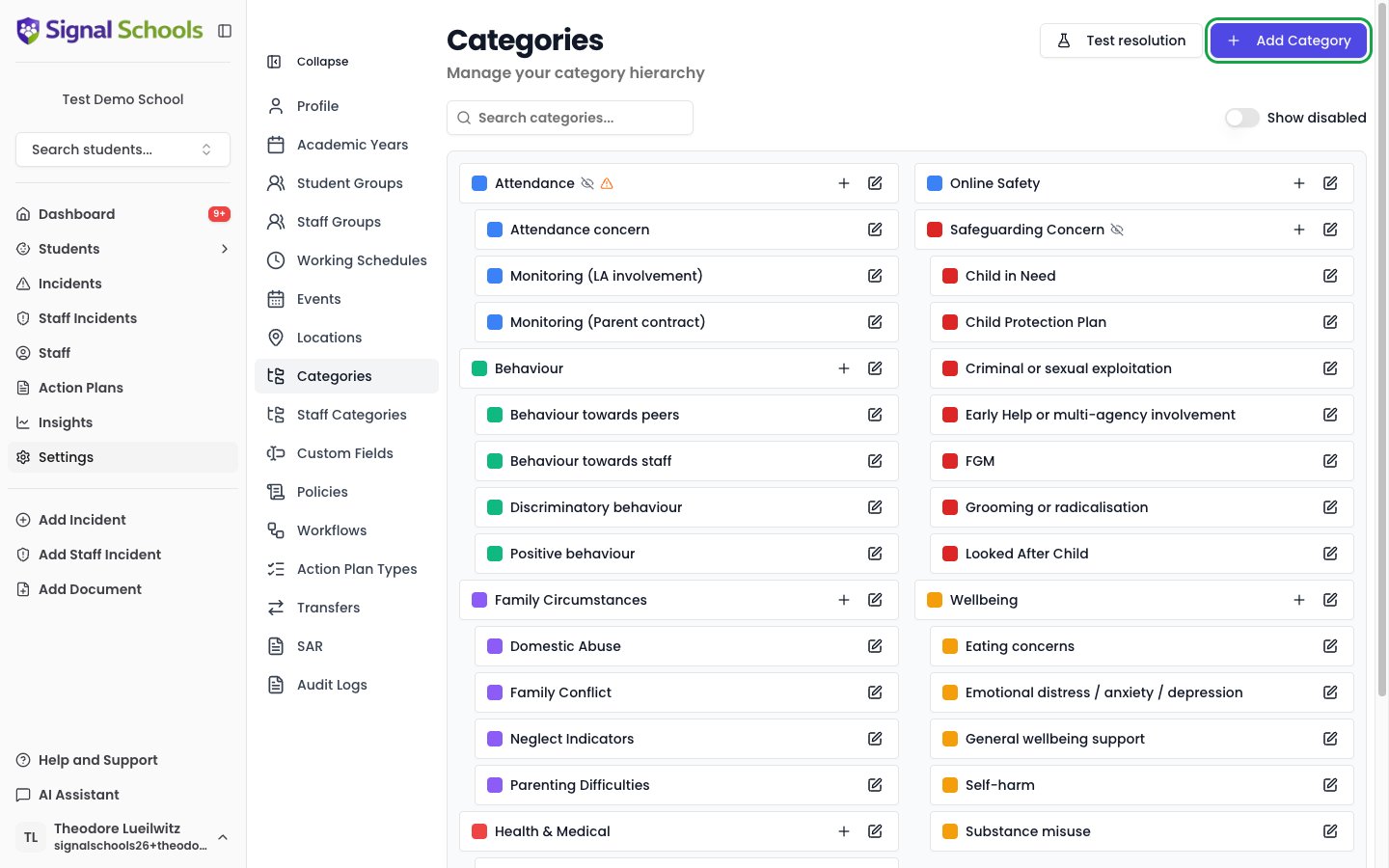 Settings Categories page showing the colour-coded category hierarchy with the Add Category button