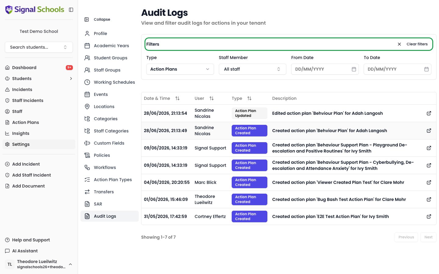 Audit logs filtered by Action Plans, showing the filter controls and matching entries