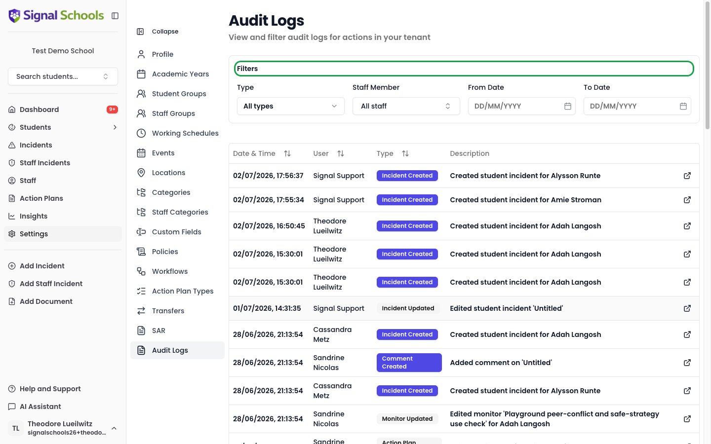 Audit logs list showing dated entries with the user, action type, and description