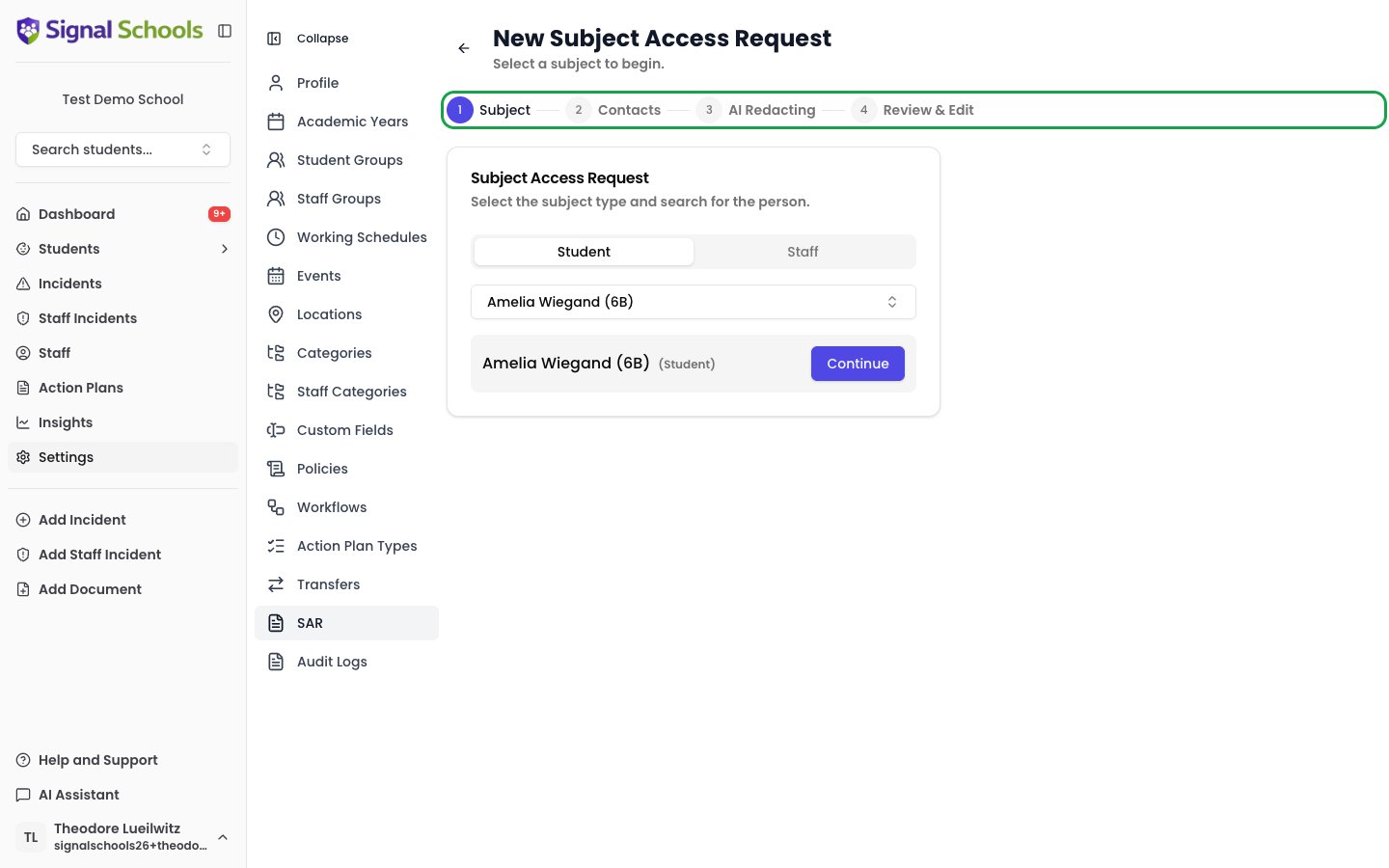 New Subject Access Request wizard showing the four steps: Subject, Contacts, AI Redacting, and Review & Edit