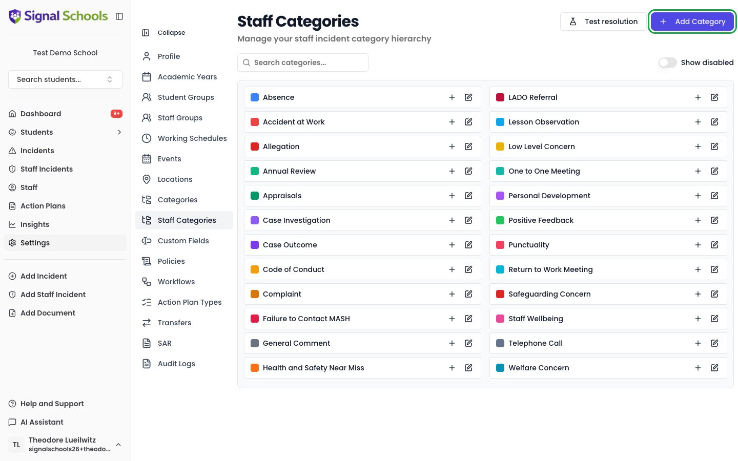 Settings Staff Categories page showing the colour-coded staff incident categories with the Add Category button