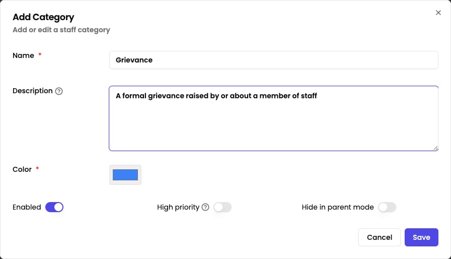 Add staff category form showing the Name, Description, Colour, and toggle options