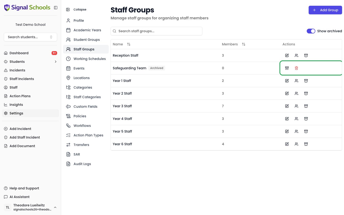 Staff groups list with Show archived enabled, showing an archived group with Unarchive and Delete buttons