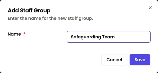 Add Staff Group form with the group name entered