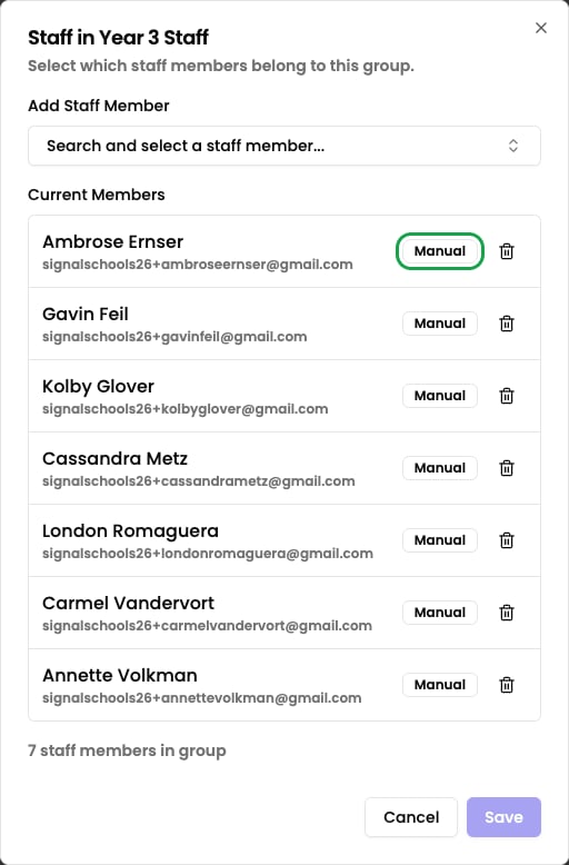 Staff group members dialog showing the current members, each with a Manual badge