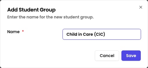 Add Student Group dialog with the group name entered