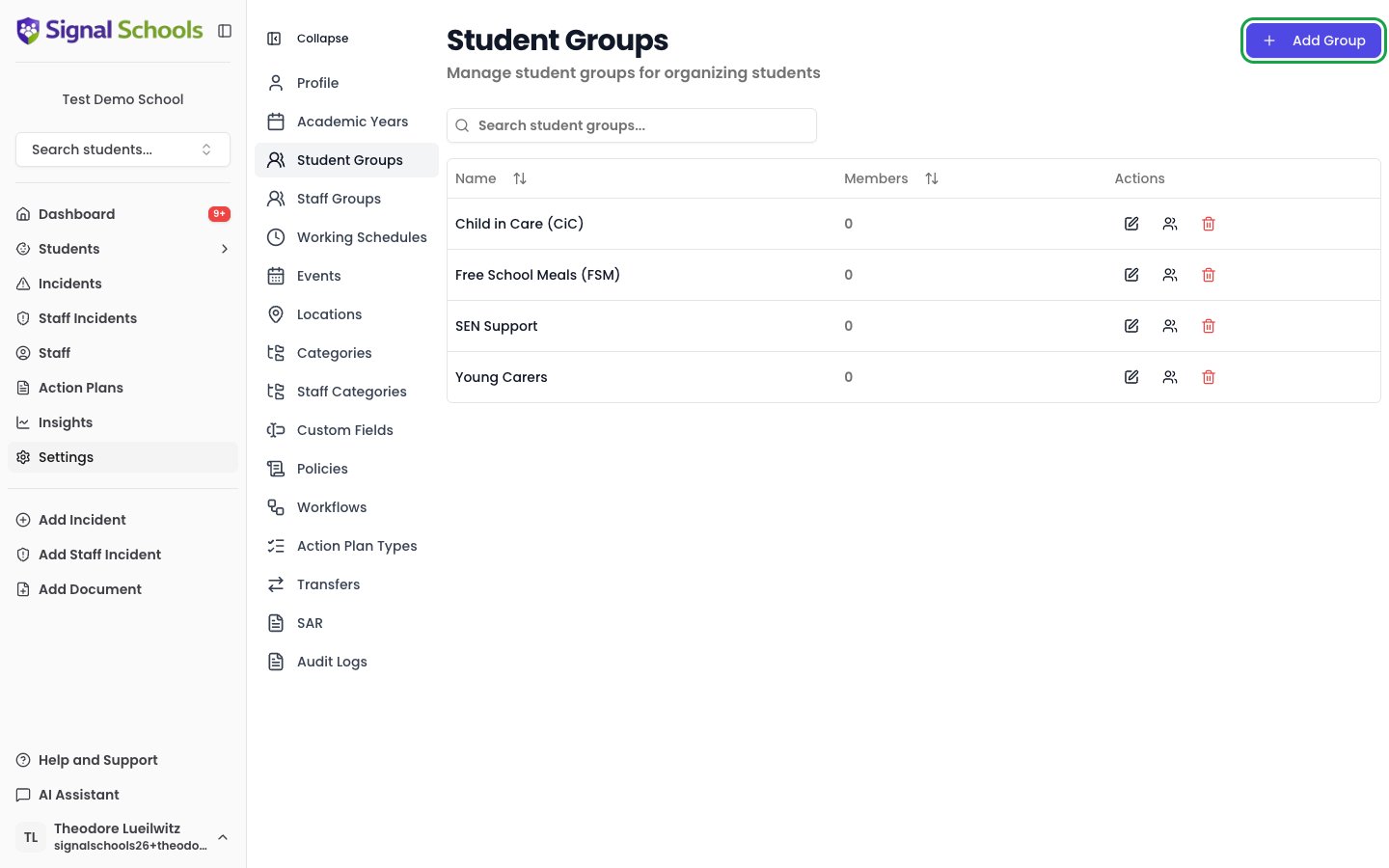 Student groups list showing Child in Care, Free School Meals, SEN Support, and Young Carers groups