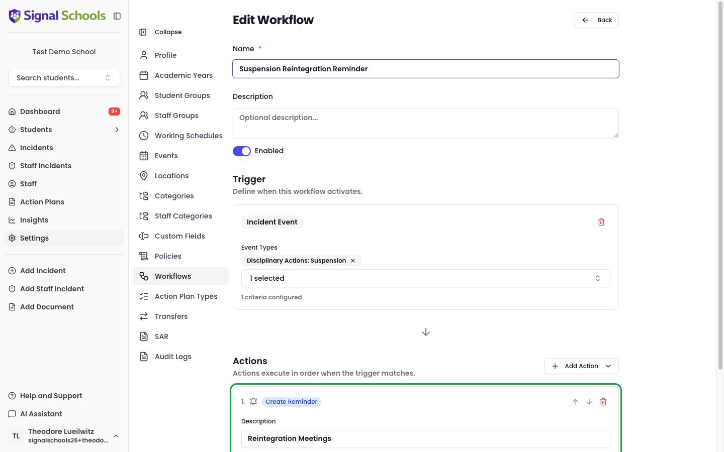 Create Reminder action configured in the workflow editor, triggered by a Suspension event