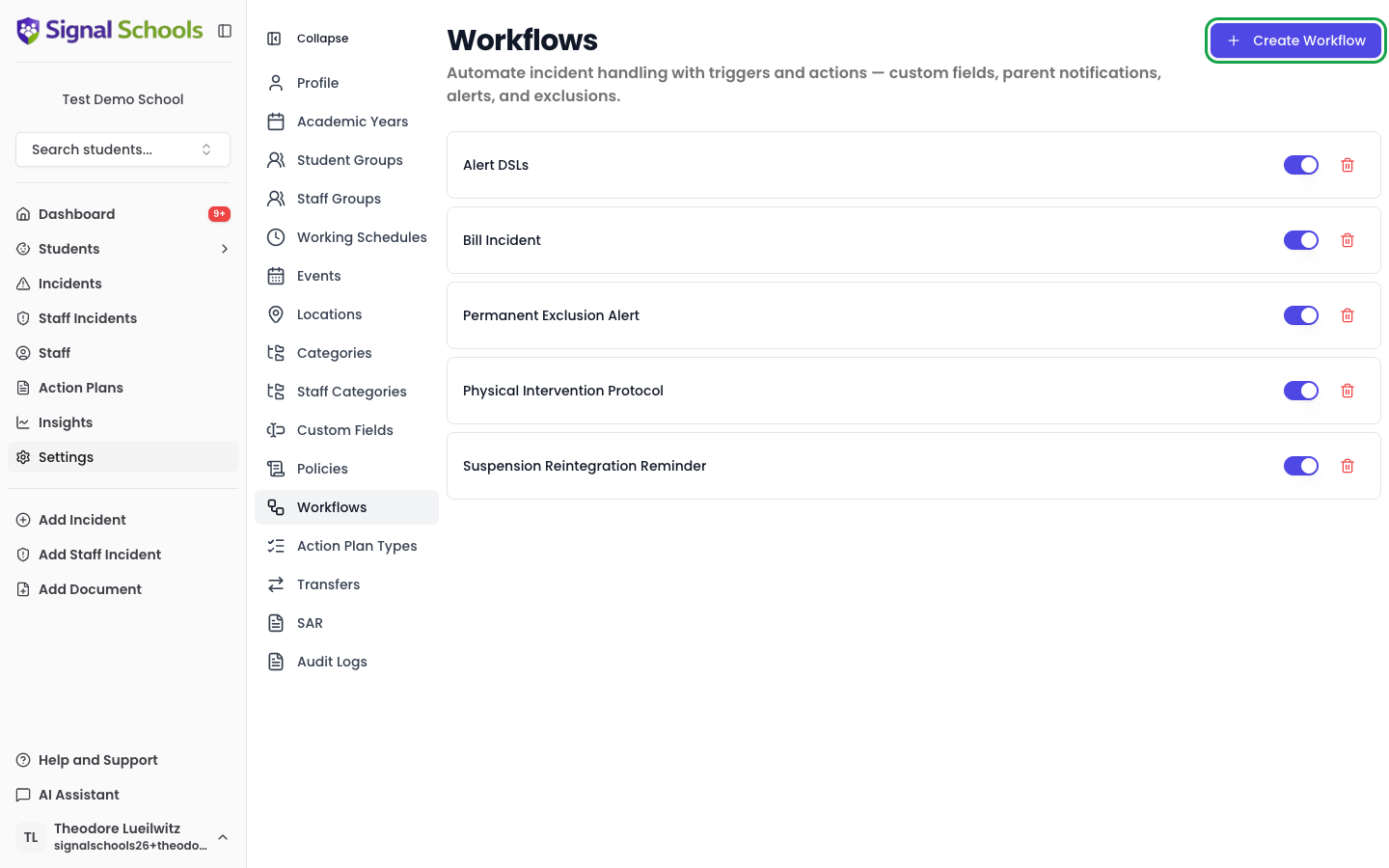 Workflows settings page showing a list of configured workflows with enable toggles
