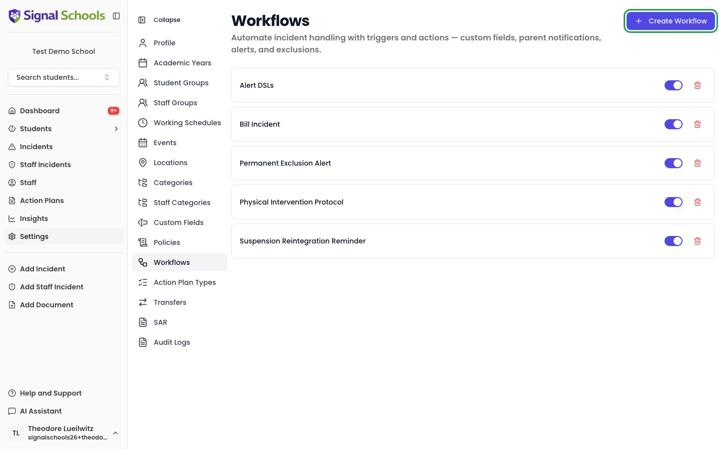 Workflows settings page showing a list of configured workflows with enable toggles