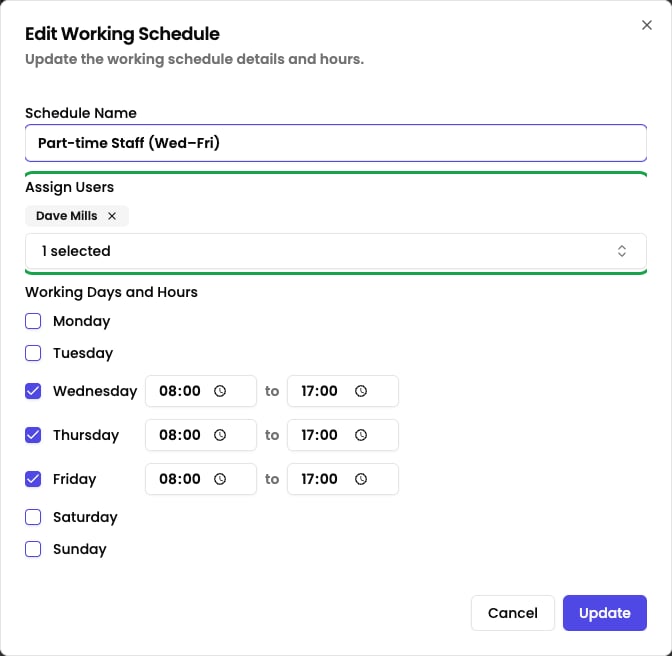 Working Schedule dialog with the Assign Users multi-select highlighted