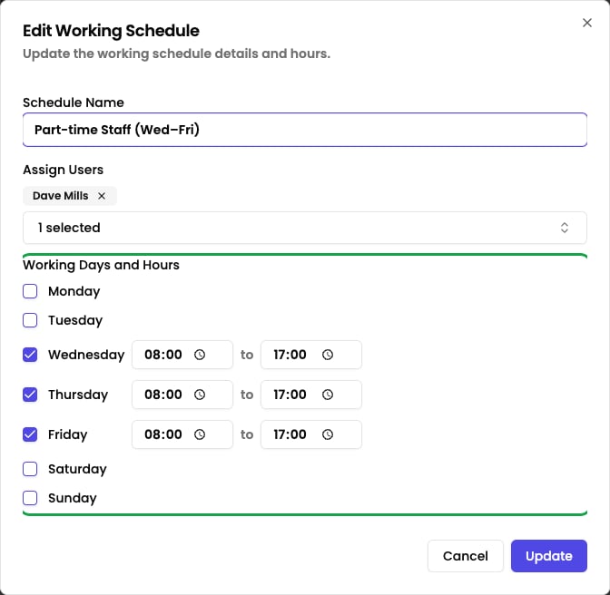 Working schedule editor with the working days and start/end times highlighted