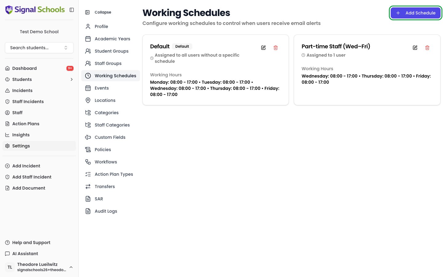 Working Schedules settings page showing the Default schedule and a Part-time schedule