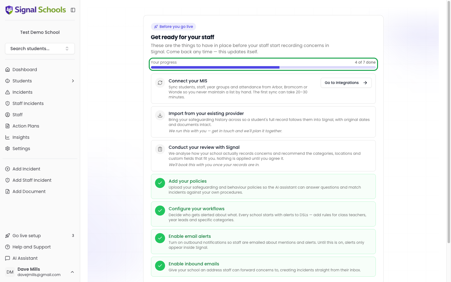 The go-live checklist on the Go live setup page, showing a mix of completed and outstanding items with the progress bar highlighted