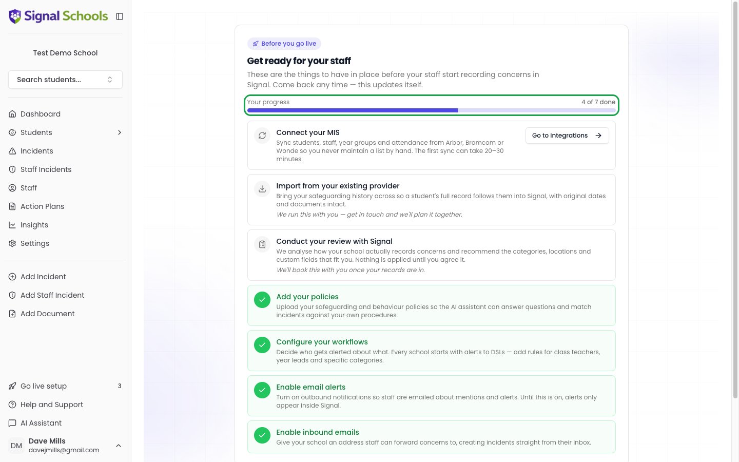 The go-live checklist on the Go live setup page, showing a mix of completed and outstanding items with the progress bar highlighted