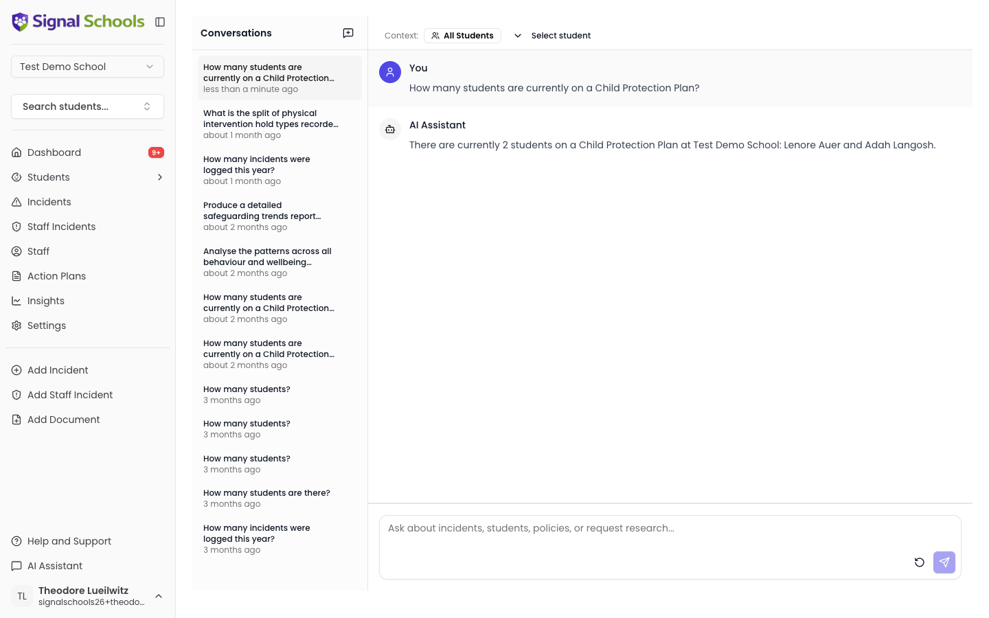 The AI Assistant answering a question about students on a Child Protection Plan, with a data-grounded response and a conversation history sidebar