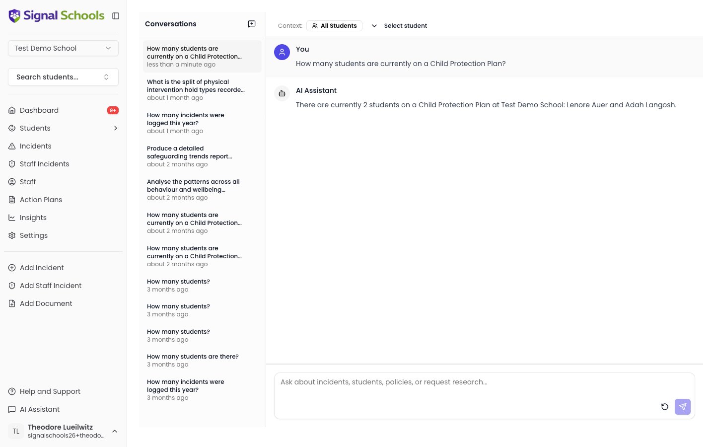 The AI Assistant answering a question about students on a Child Protection Plan, with a data-grounded response and a conversation history sidebar
