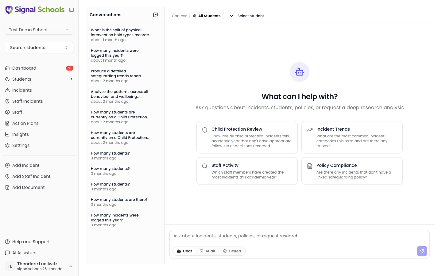 The AI Assistant home screen with suggested prompts for Child Protection Review, Incident Trends, Staff Activity, and Policy Compliance