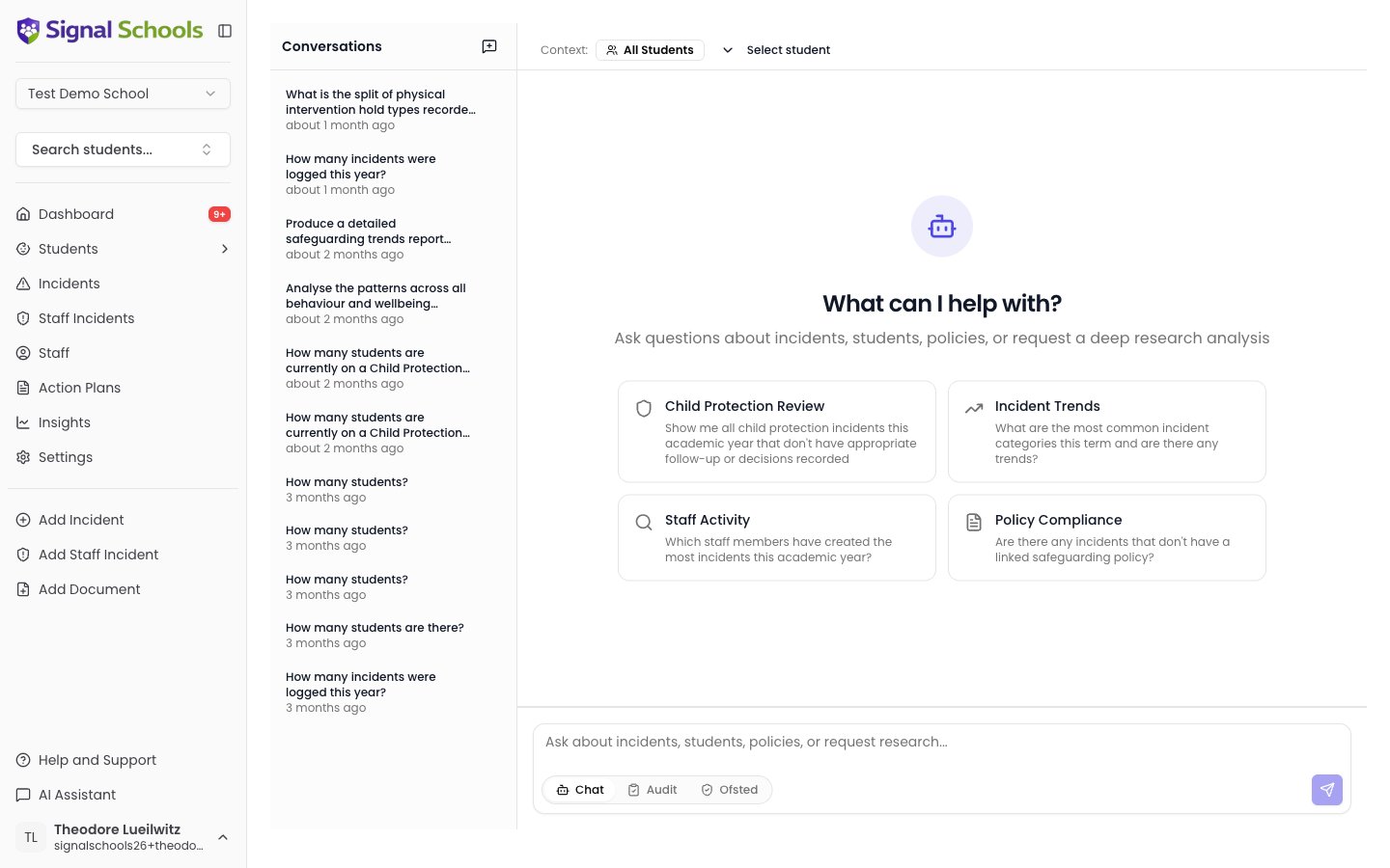 The AI Assistant home screen with suggested prompts for Child Protection Review, Incident Trends, Staff Activity, and Policy Compliance