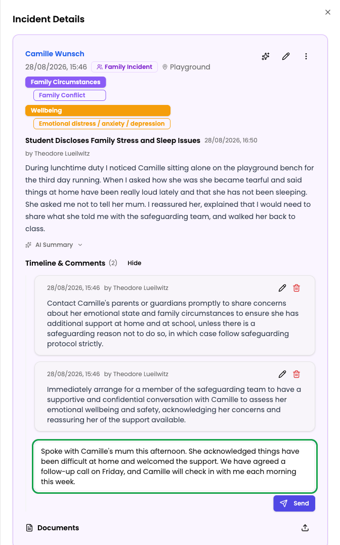 Writing a comment in the rich text editor before sending
