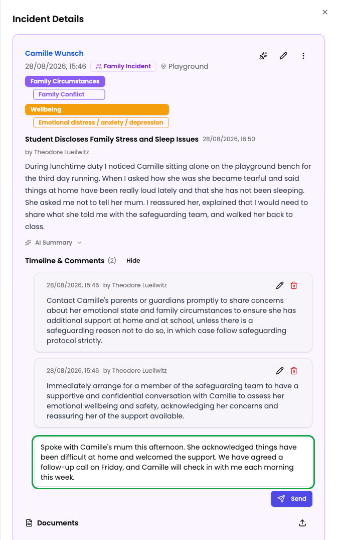 Writing a comment in the rich text editor before sending