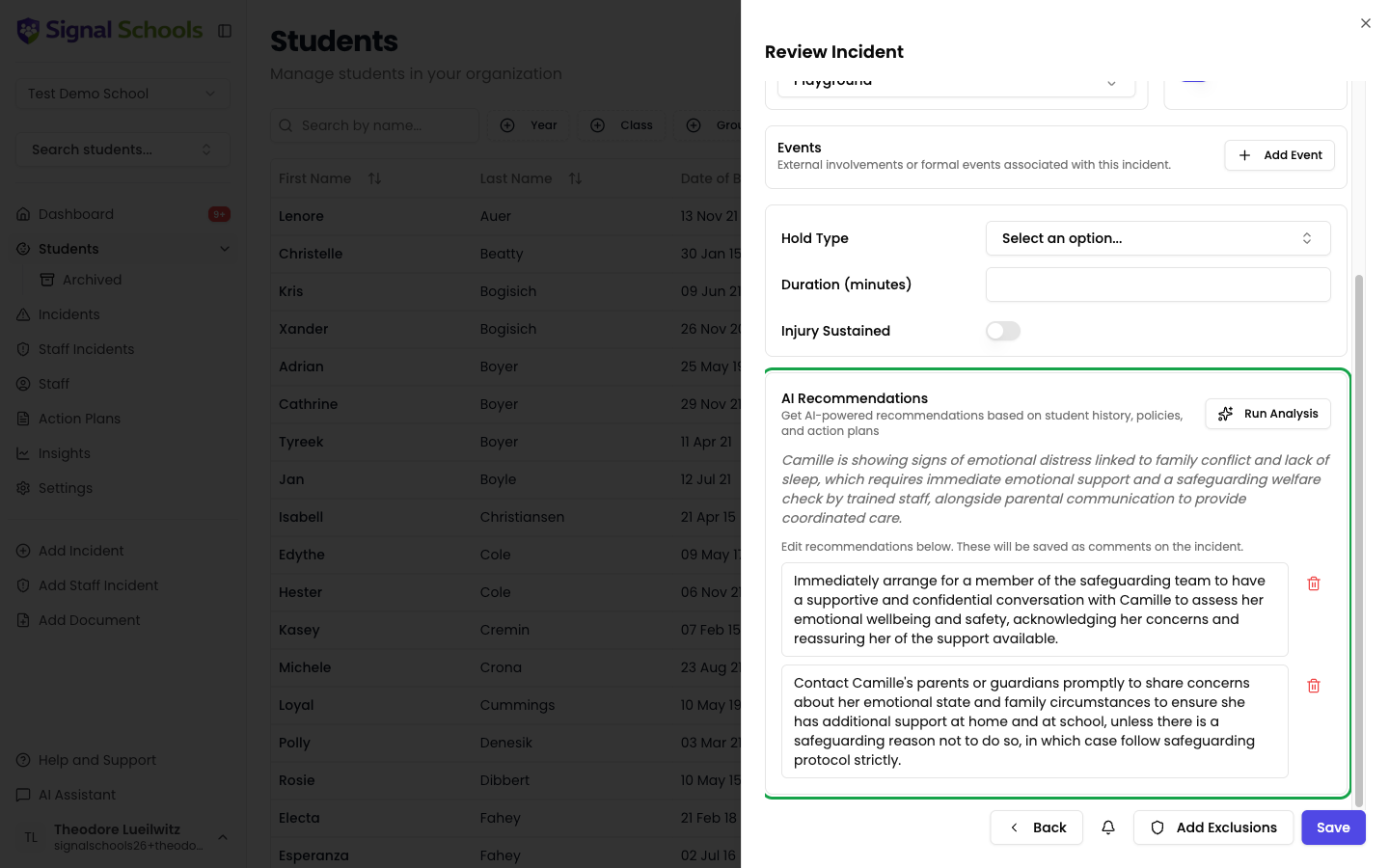 The AI Recommendations panel in the incident form, showing suggested next steps you can edit or remove