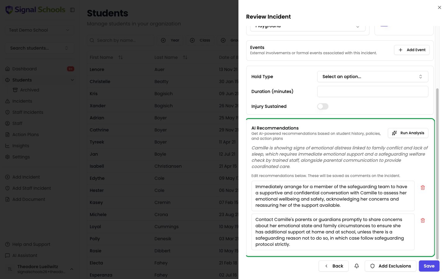 The AI Recommendations panel in the incident form, showing suggested next steps you can edit or remove