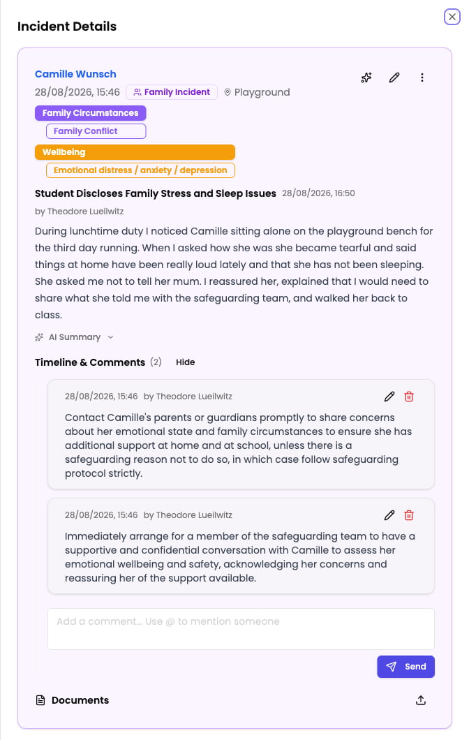 Comments section on an incident showing threaded comments with edit and delete options
