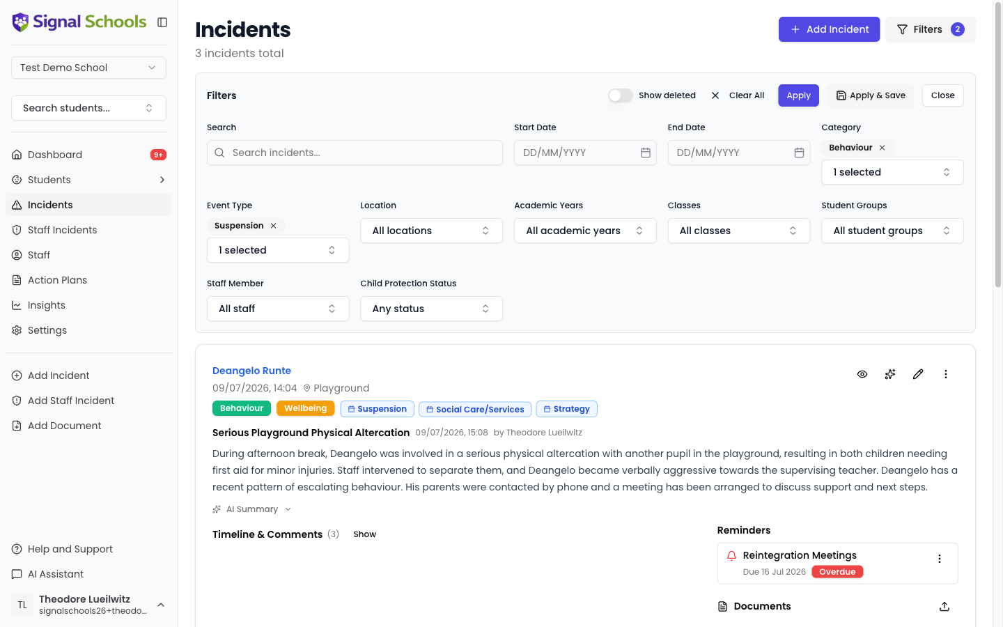 Filter panel with Category and Event Type filters applied