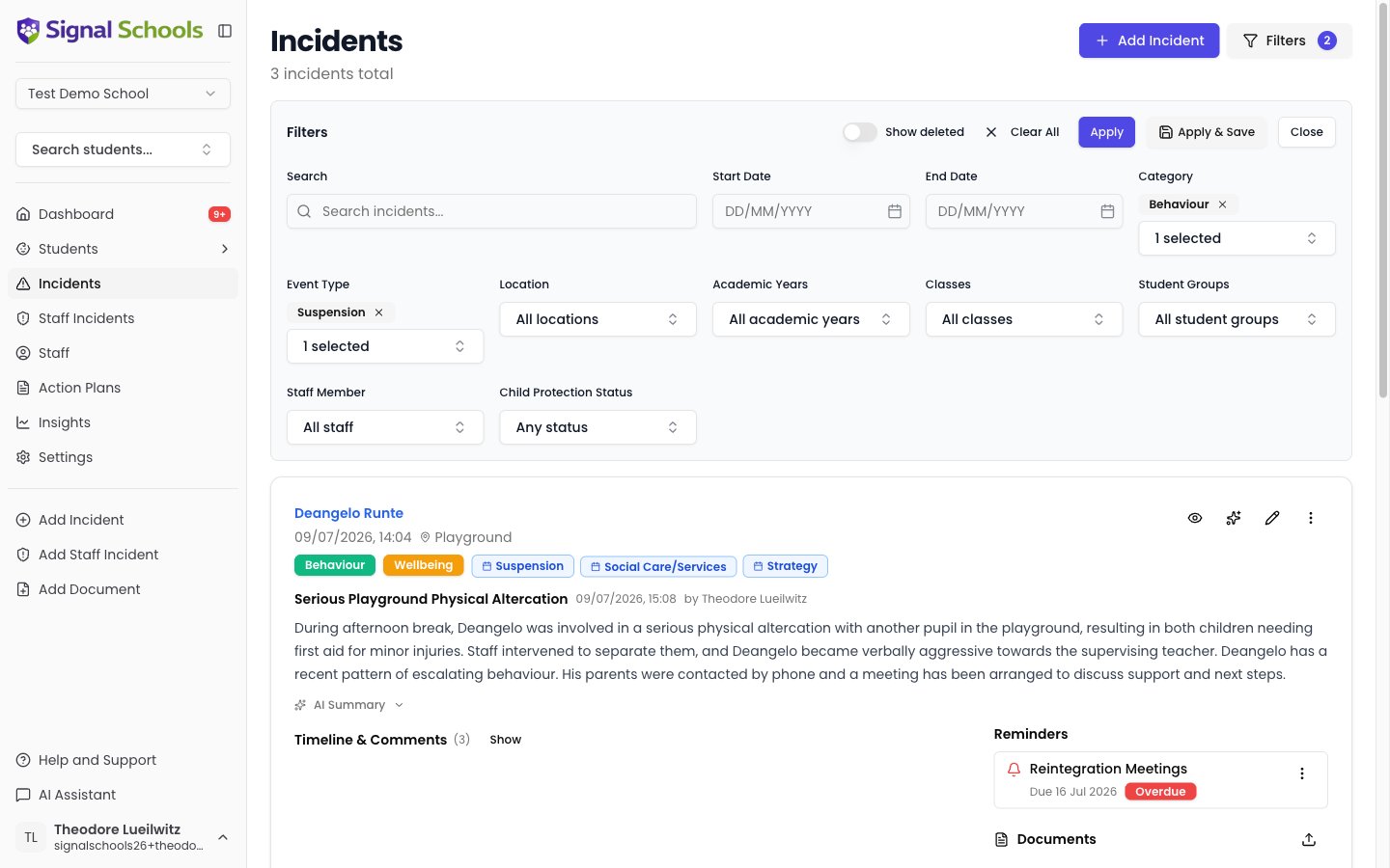 Filter panel with Category and Event Type filters applied