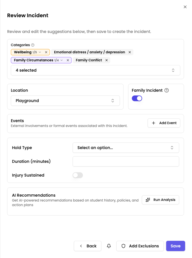 The Review Incident step showing AI-suggested categories, the suggested location, the Family Incident toggle, the Events section, custom fields, and the Run Analysis button