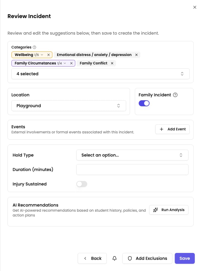 The Review Incident step showing AI-suggested categories, the suggested location, the Family Incident toggle, the Events section, custom fields, and the Run Analysis button
