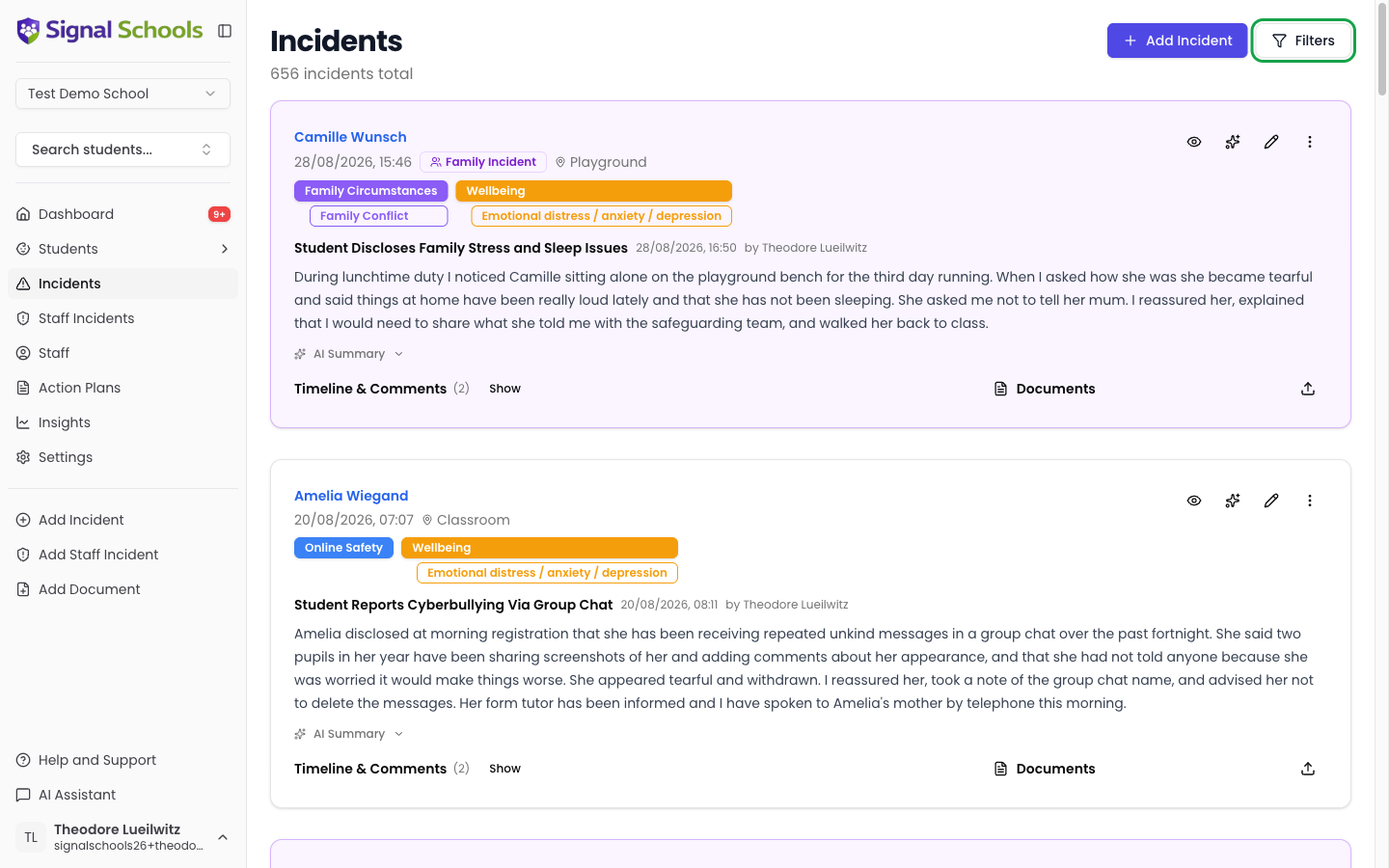 Incident list view showing incident cards with categories, AI-generated titles, and the Filters button